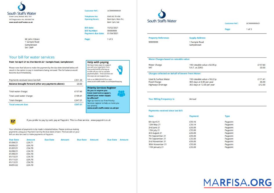 Blank United Kingdom South Staffs Water utility bill template in Word and PDF format, 2 pages